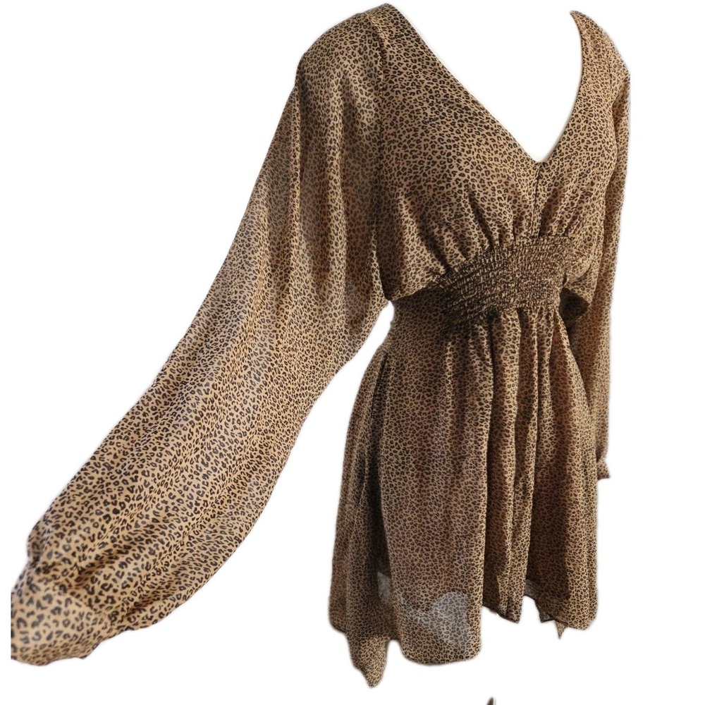 FATE Asymmetrical Smocked Waist Animal Print Long Sleeve Shift Dress Sheer Sz M